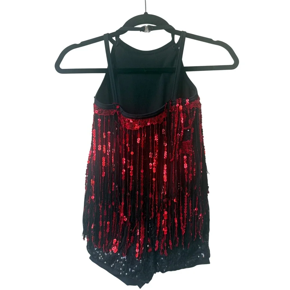 Weissman Kids Dance Costume Sequin Fringe‎ Leotard Black Red Sparkle Performance